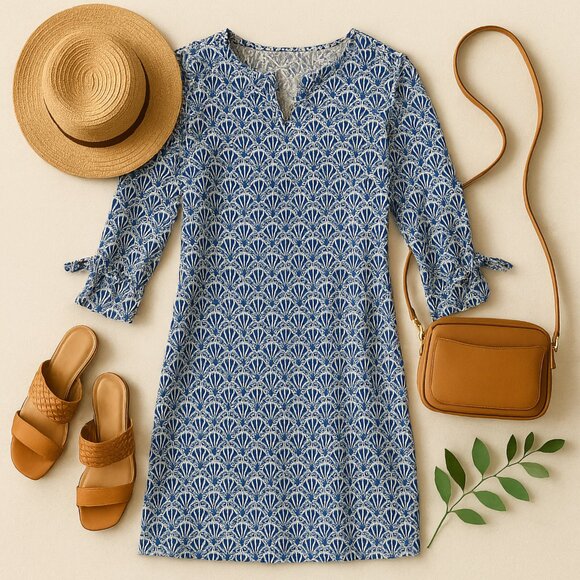 Stella Parker Dress Blue Tropical Print 3/4 Sleeve Resort Beach Vacation Small - Picture 2 of 9